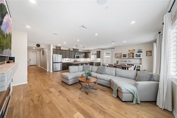 Dining room, Interior, Kitchen, Living room, Pendant Lights, Recessed Lighting, Stainless Steel Appliances, Wood Texture Flooring