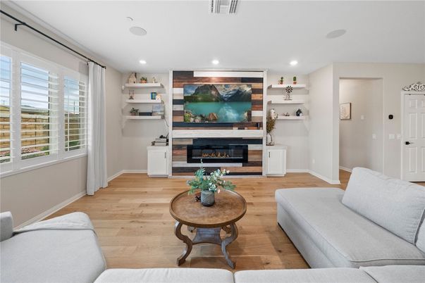 Fireplace, Interior, Living room, Recessed Lighting, Wood Texture Flooring