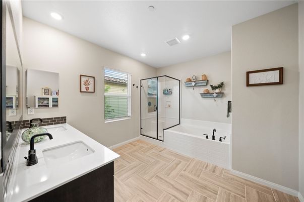 Bathroom, Glass Shower, Interior, Recessed Lighting, Wood Texture Flooring