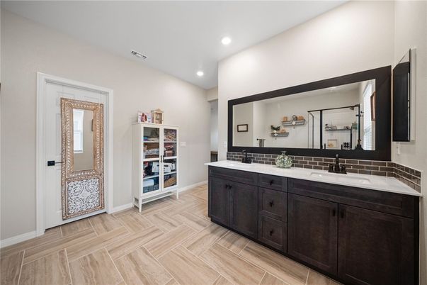 Bathroom, Dual Sink Vanities, Interior, Recessed Lighting, Wood Texture Flooring