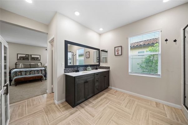 Bathroom, Bedroom, Dual Sink Vanities, Interior, Recessed Lighting, Wood Texture Flooring