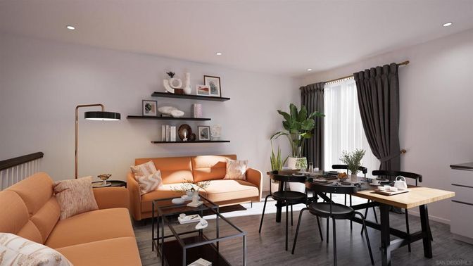 Dining room, Interior, Living room, Recessed Lighting, Wood Texture Flooring