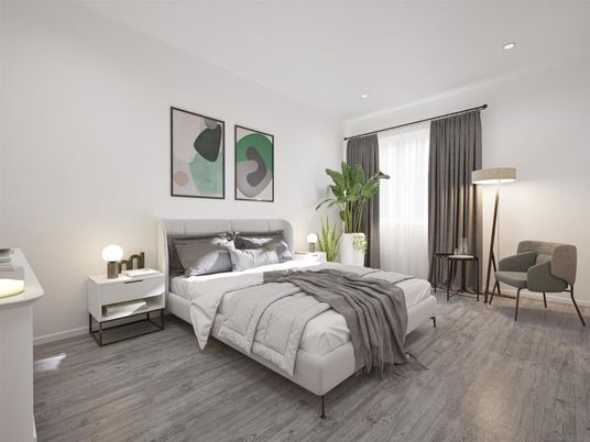 Bedroom, Interior, Recessed Lighting, Wood Texture Flooring