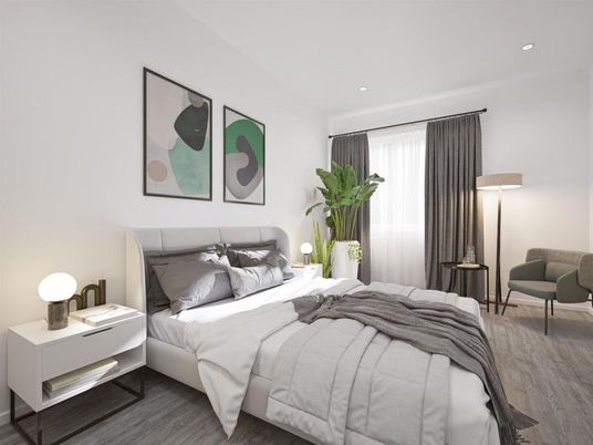 Bedroom, Interior, Recessed Lighting, Wood Texture Flooring