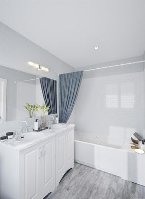 Bathroom, Dual Sink Vanities, Interior, Recessed Lighting, Wood Texture Flooring