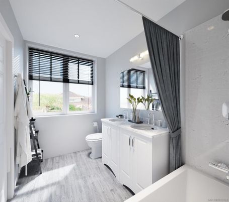 Bathroom, Dual Sink Vanities, Interior, Recessed Lighting, Wood Texture Flooring