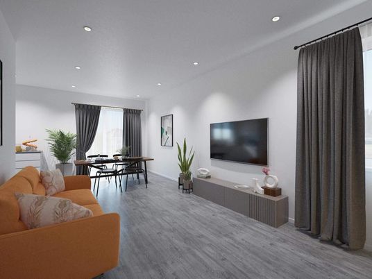 Dining room, Interior, Living room, Recessed Lighting, Wood Texture Flooring
