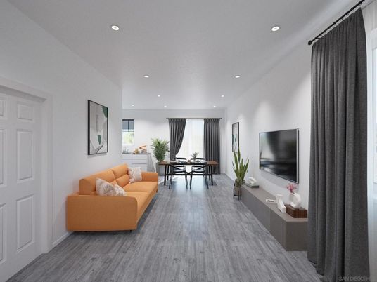 Dining room, Interior, Living room, Recessed Lighting, Wood Texture Flooring