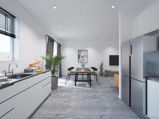 Dining room, Interior, Kitchen, Recessed Lighting, Wood Texture Flooring