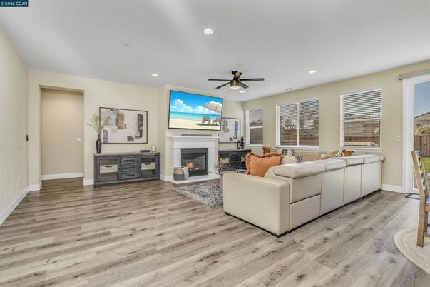 Fireplace, Interior, Living room, Recessed Lighting, Wood Texture Flooring
