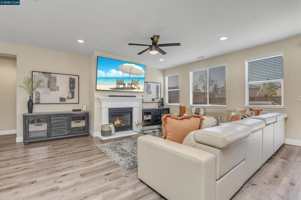Fireplace, Interior, Living room, Recessed Lighting, Wood Texture Flooring