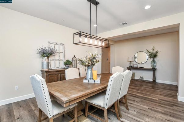 Dining room, Interior, Pendant Lights, Recessed Lighting, Wood Texture Flooring
