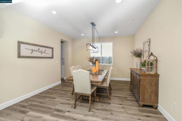 Dining room, Interior, Pendant Lights, Recessed Lighting, Wood Texture Flooring
