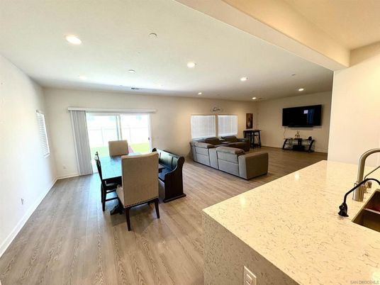 Dining room, Interior, Living room, Recessed Lighting, Wood Texture Flooring