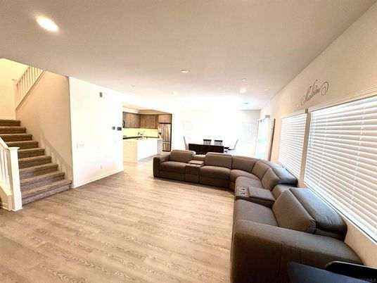 Dining room, Interior, Kitchen, Living room, Recessed Lighting, Wood Texture Flooring