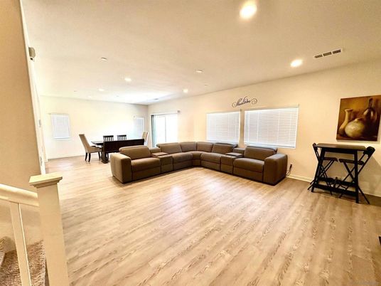 Dining room, Interior, Living room, Recessed Lighting, Wood Texture Flooring