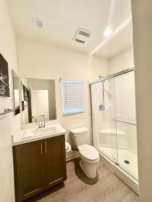 Bathroom, Glass Shower, Interior, Recessed Lighting, Wood Texture Flooring