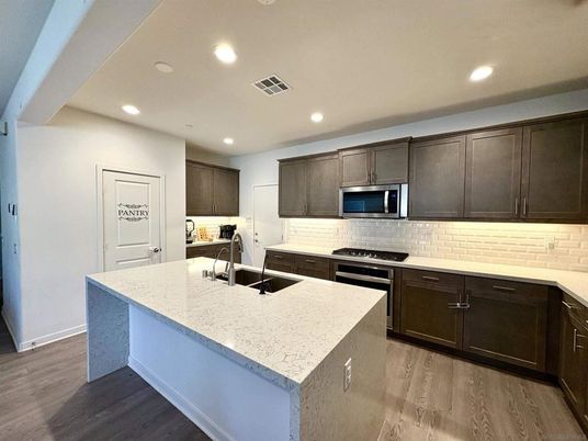 Interior, Kitchen, Recessed Lighting, Stainless Steel Appliances, Wood Texture Flooring