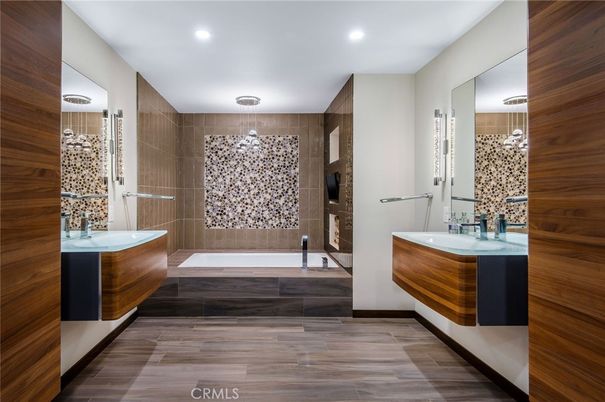 Bathroom, Dual Sink Vanities, Interior, Recessed Lighting, Wood Texture Flooring, Wooden Walls