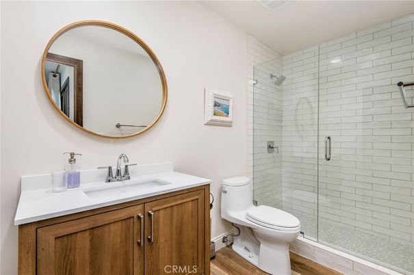 Bathroom, Glass Shower, Interior, Wood Texture Flooring