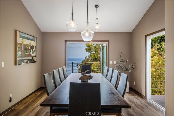 Dining room, Interior, Pendant Lights, Water, Wood Texture Flooring