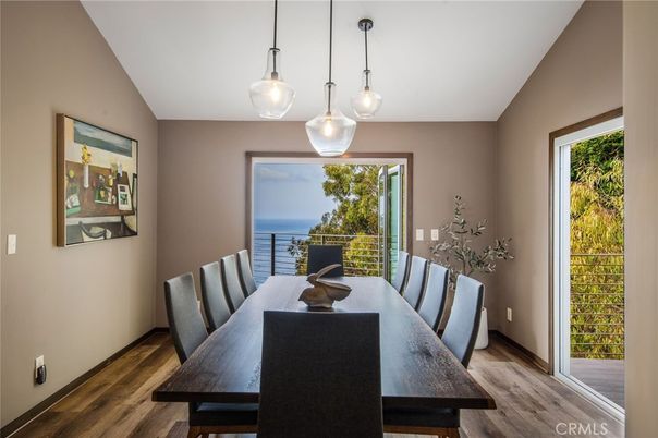 Dining room, Interior, Pendant Lights, Water, Wood Texture Flooring