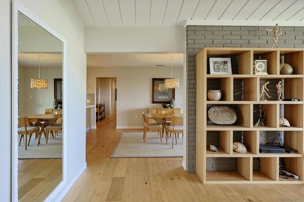 Dining room, Interior, Pendant Lights, Stone Walls, Wood Texture Flooring