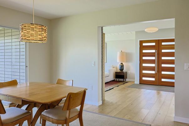 Dining room, Interior, Pendant Lights, Wood Texture Flooring