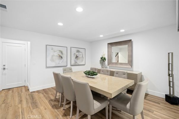 Dining room, Interior, Recessed Lighting, Wood Texture Flooring