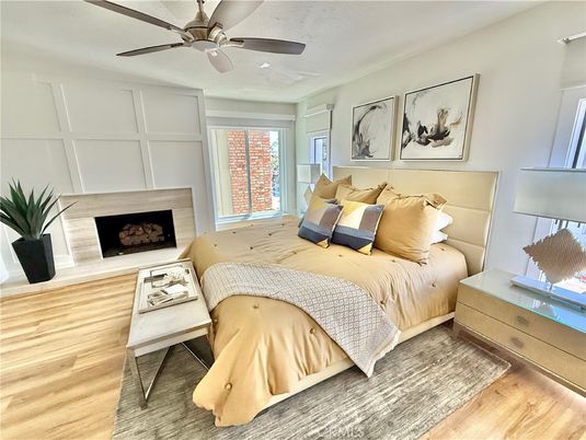 Bedroom, Fireplace, Interior, Wood Texture Flooring