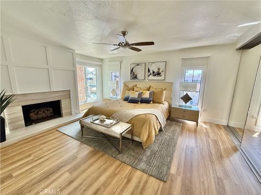 Bedroom, Fireplace, Interior, Wood Texture Flooring