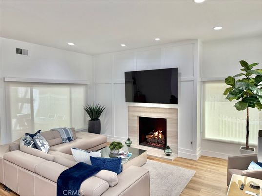 Fireplace, Interior, Living room, Recessed Lighting, Wood Texture Flooring