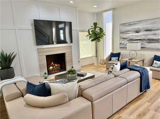 Fireplace, Interior, Living room, Recessed Lighting, Wood Texture Flooring