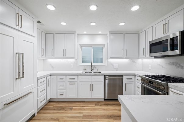 Interior, Kitchen, Recessed Lighting, Stainless Steel Appliances, Wood Texture Flooring