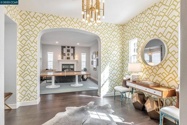 Fireplace, Interior, Pendant Lights, Recessed Lighting, Wood Texture Flooring