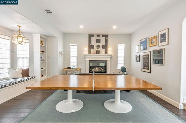 Fireplace, Interior, Pendant Lights, Recessed Lighting, Wood Texture Flooring