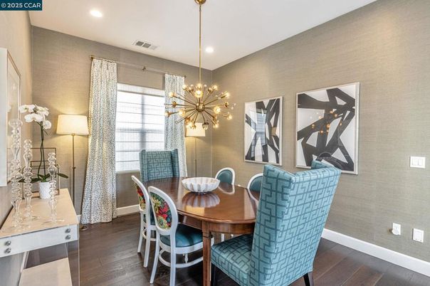 Dining room, Interior, Pendant Lights, Recessed Lighting, Wood Texture Flooring
