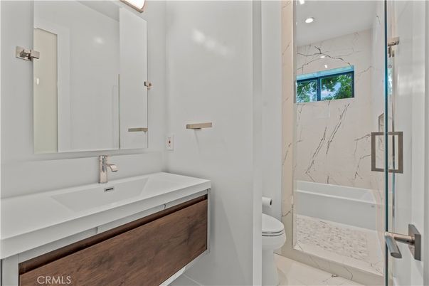 Bathroom, Glass Shower, Interior, Marble, Marble Walls, Recessed Lighting
