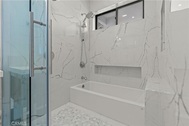 Bathroom, Glass Shower, Interior, Marble Walls, Recessed Lighting