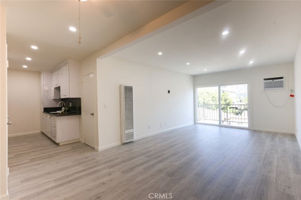 Empty room, Interior, Kitchen, Recessed Lighting, Wood Texture Flooring