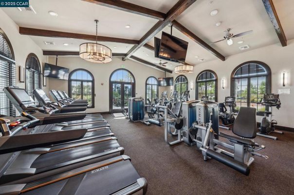 Chandelier, Fitness Equipment, Gym, Interior, Recessed Lighting, Wooden Beams