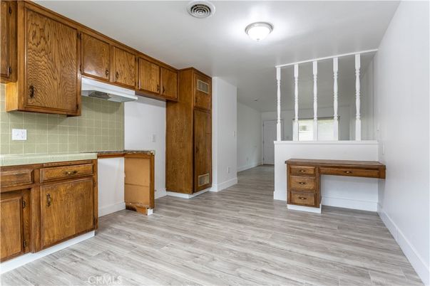 Interior, Kitchen, Tile Countertops, Wood Texture Flooring