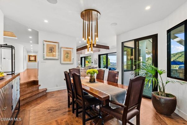 Dining room, Interior, Pendant Lights, Recessed Lighting, Wood Texture Flooring