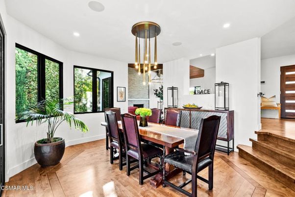 Dining room, Interior, Pendant Lights, Recessed Lighting, Wood Texture Flooring
