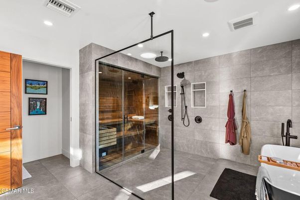Bathroom, Glass Shower, Interior, Recessed Lighting, Sauna Room