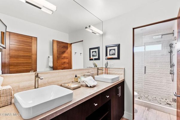 Bathroom, Dual Sink Vanities, Glass Shower, Interior, Wood Texture Flooring
