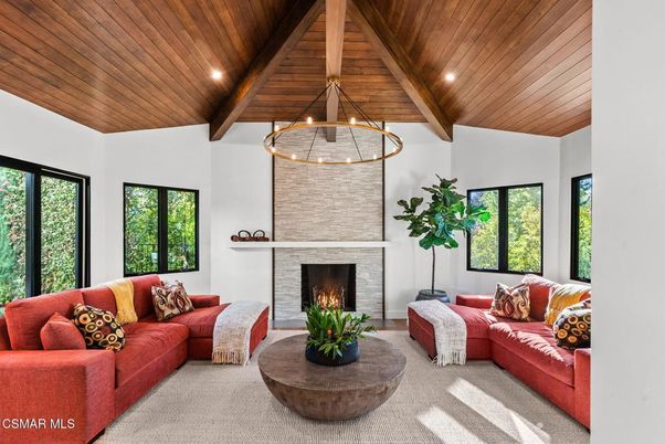 Fireplace, Interior, Living room, Pendant Lights, Recessed Lighting, Wooden Beams, Wooden Ceilings