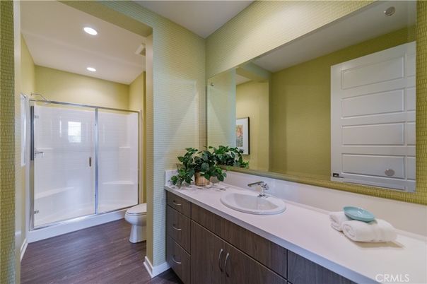Bathroom, Glass Shower, Interior, Recessed Lighting, Wood Texture Flooring