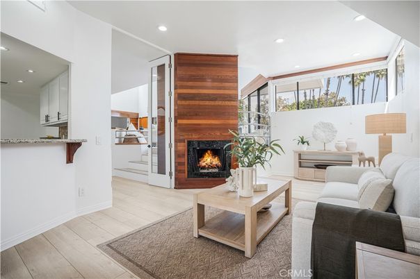 Fireplace, Interior, Living room, Recessed Lighting, Wood Texture Flooring, Wooden Walls