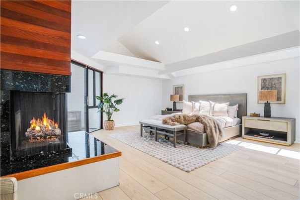 Bedroom, Fireplace, Interior, Recessed Lighting, Wood Texture Flooring